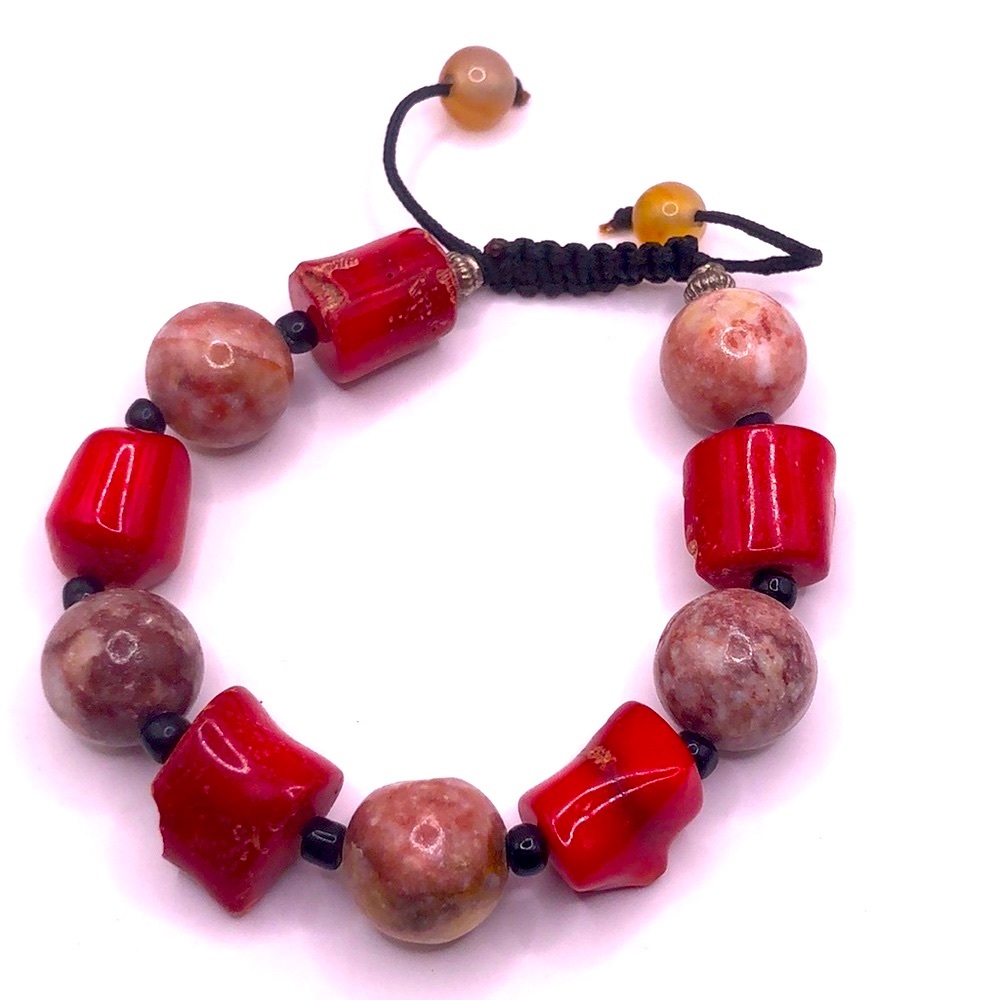 Boho Red Coral Polished Garnet Gemstone Bead Bracelet Adjustable